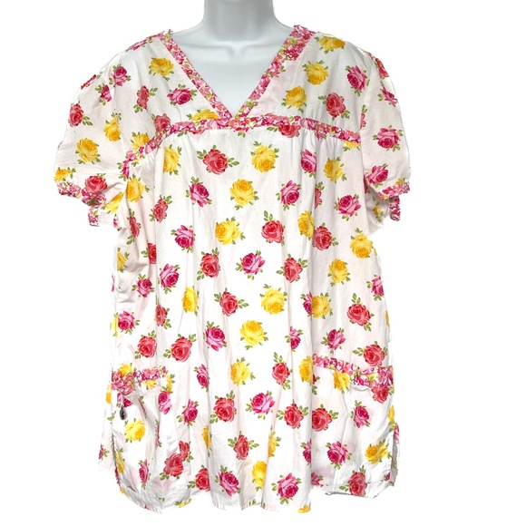 Laura Ashley Top Cotton Floral Pink Yellow Roses Size XXL Short Sleeves Pockets - Picture 1 of 7